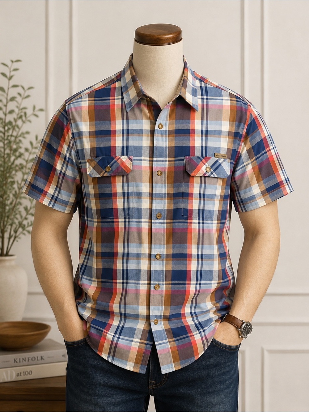 Eddie Bauer Short-Sleeve Plaid Button-Down in Blue, Red & white